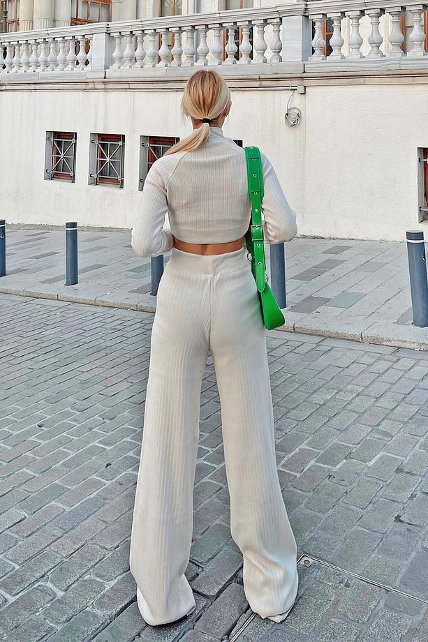 Bej Yarım Balıkçı Örgü Crop Kazak Pantolon Triko Alt-üst Takım - 6
