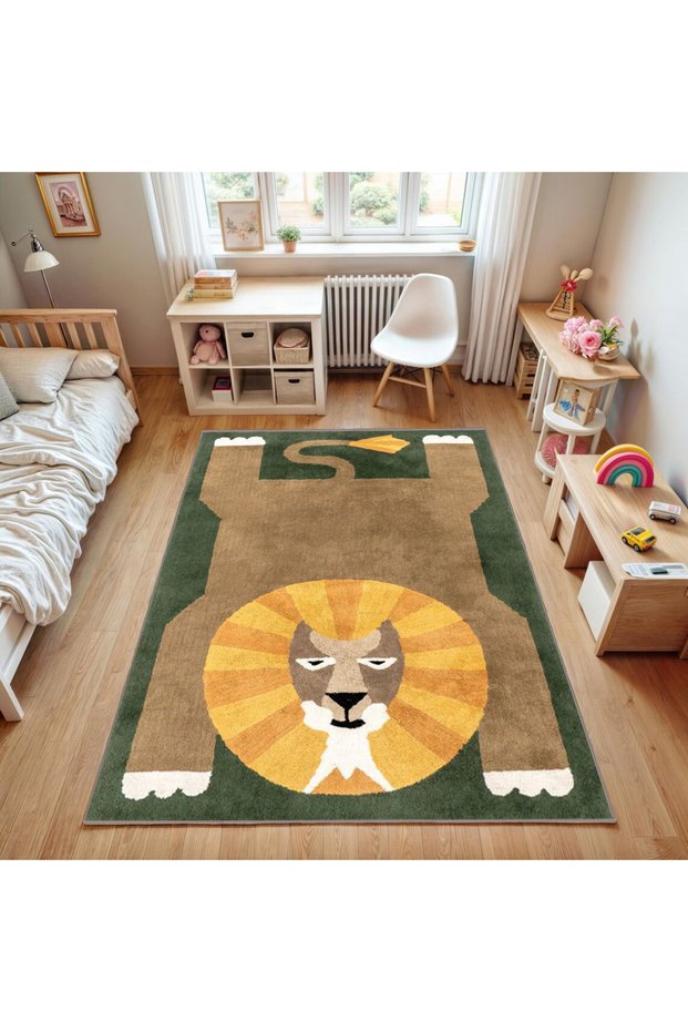 Asian Collection Dark Green Yellow Lion Patterned Woven Base Modern Decorative Carpet Asian20