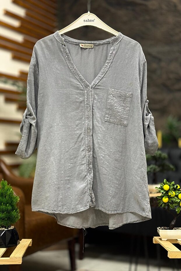 Collar and Button Paillette Linen Prevailing Collar Shirt