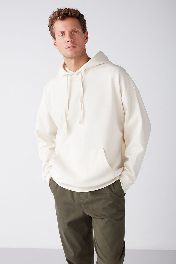 Steve Erkek Yumusaçık Kumaşlı Kordonlu Oversize Kapüşonlu Kanguru Cepli Ekru Sweatshirt - 1