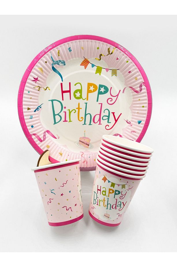 Pembe Happy Birthday Kullan - At Tabak ve Bardak Seti 8 Kişilik Doğum Günü Parti Seti - 4