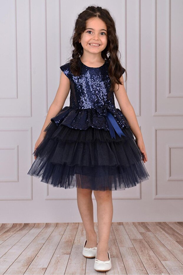 Girl's Navy Blue Tulle Evening Dress