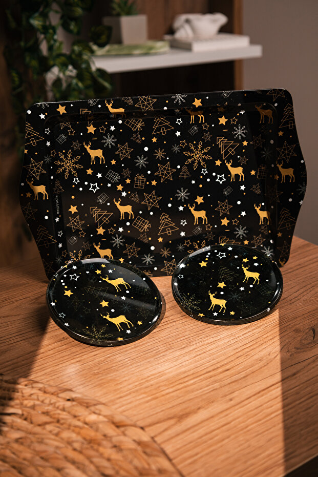 Christmas Themed Black Deer Tray and 2 Coasters Set | Gift | New Year | Decorative