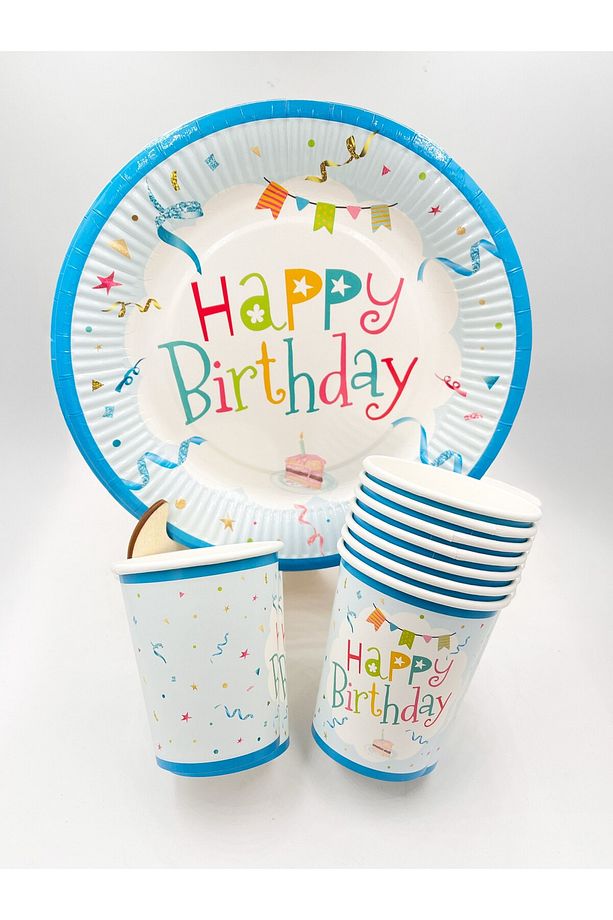 Mavi Happy Birthday Kullan - At Tabak ve Bardak Seti 8 Kişilik Doğum Günü Parti Seti - 3