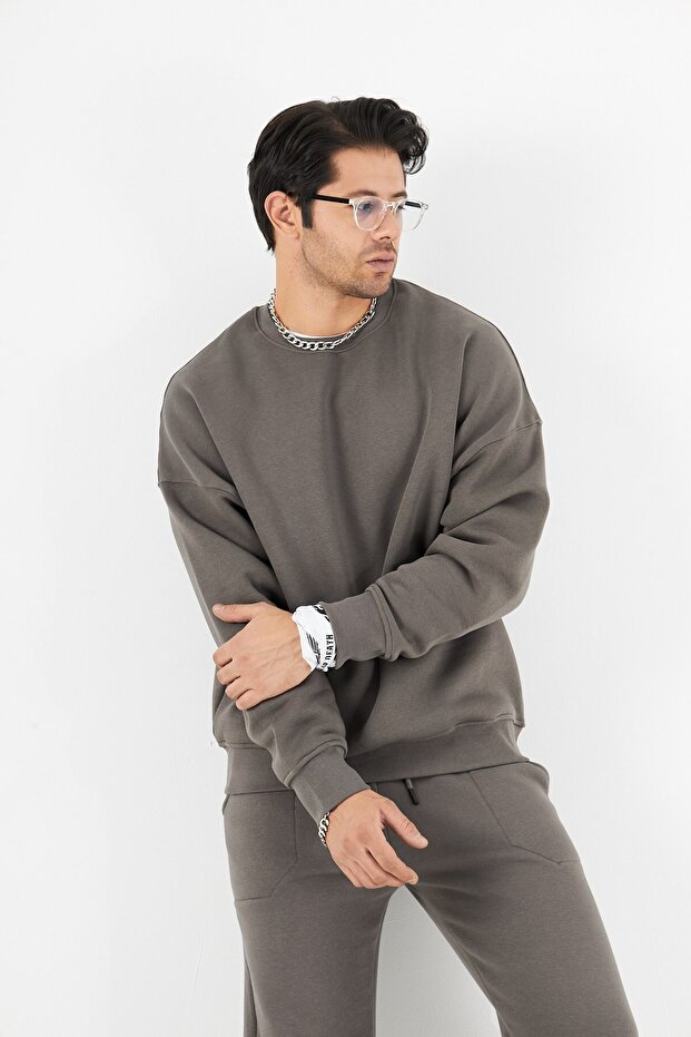 Crew Neck Basic 3 Thread Raster Oversize Sweatshirt - 5