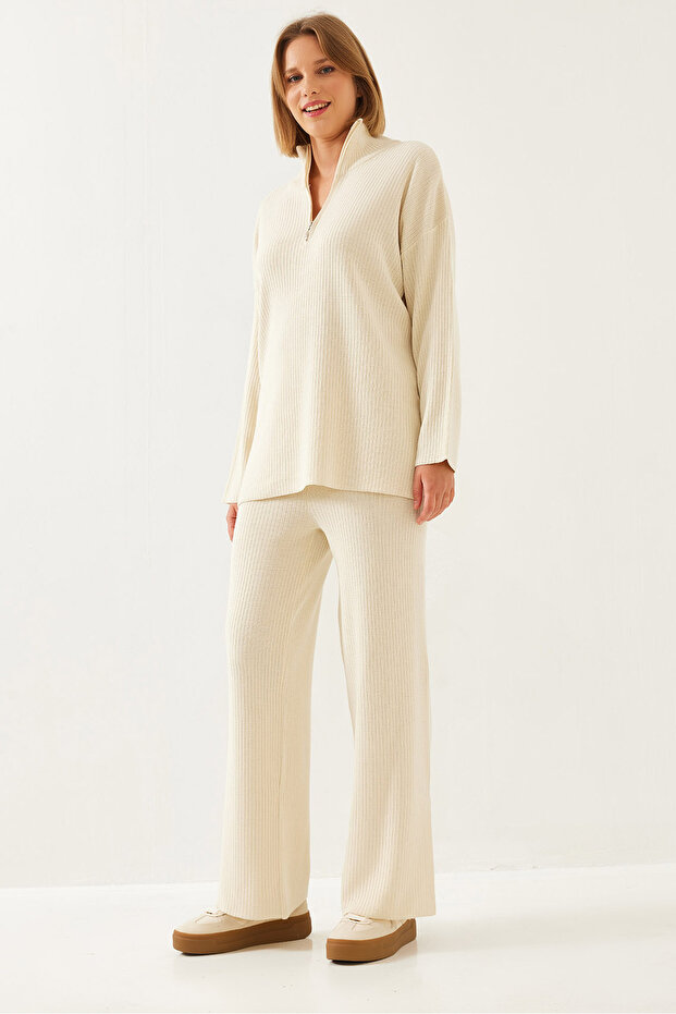 Women's Ecru Long Sleeve Top and Bottom Set 20247553