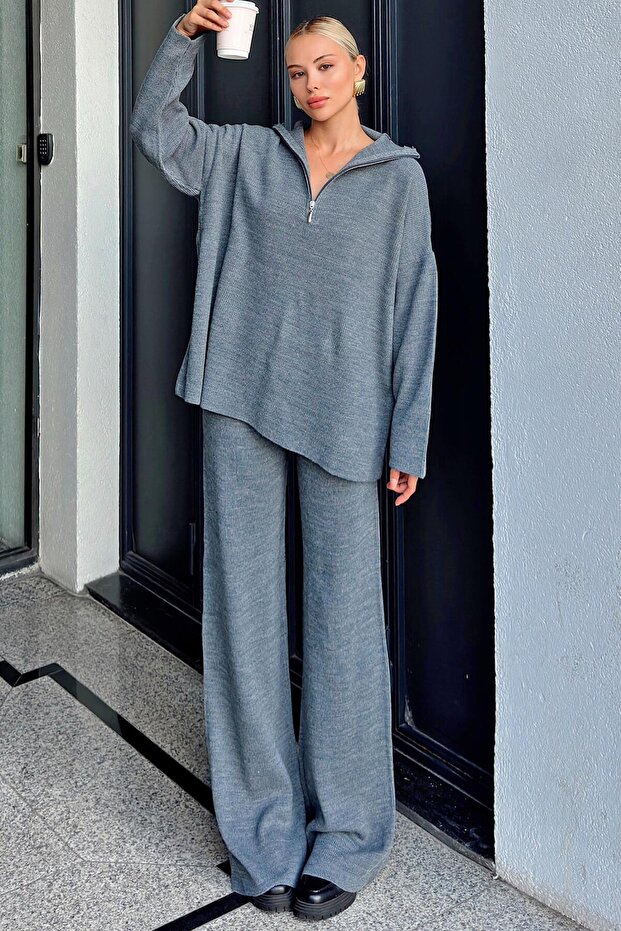 Smoked Half Zipper Oversize Sweater Pants Women's Knitwear Bottom-Top Set