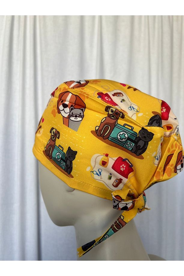 DOKTOR HEMŞİRE BONESİ,BANDANA,CERRAHİ BONE,KEDİ KÖPEK DESENLİ,SARI - 2