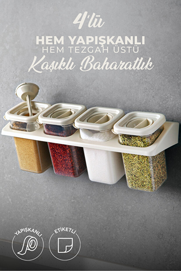 4-Piece Self-Adhesive Square Spice Container Set with Label Stickers, Stands, and Locking Spoons - Food Container Set