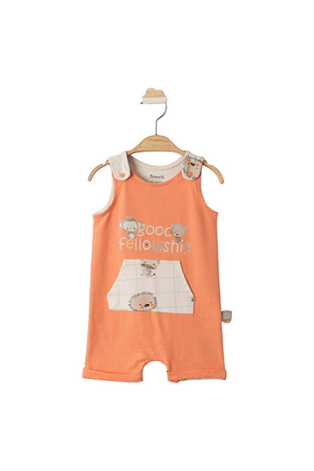Baby Boy Salmon Monkey Patterned Pocketed Jumpsuit