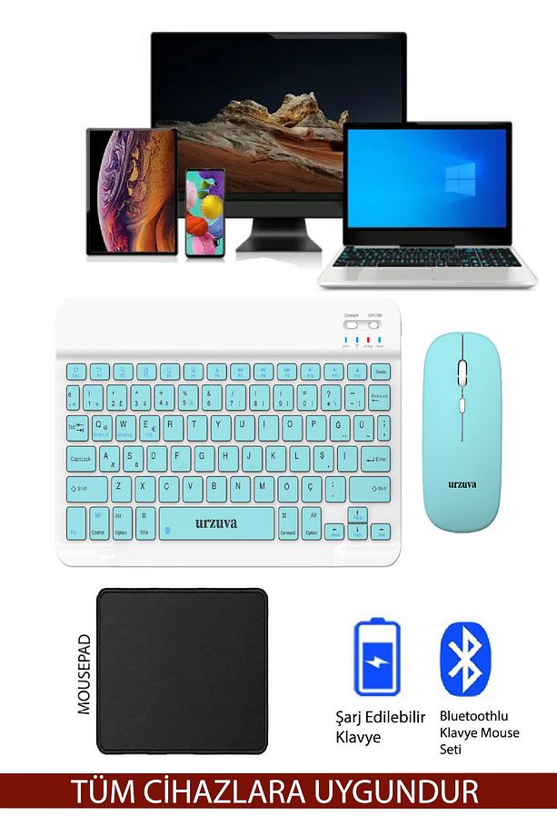 Tüm Cihazlara Uyumlu Şarj Edilebilir Bluetoothlu Kablosuz Klavye Mouse Set Mousepadli - 1