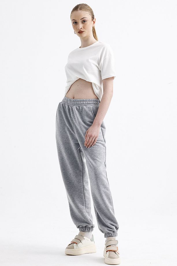 Kadın Gri Jogger Eşofman Altı - Oversize (CEPLİ, YÜKSEK BEL) - 1