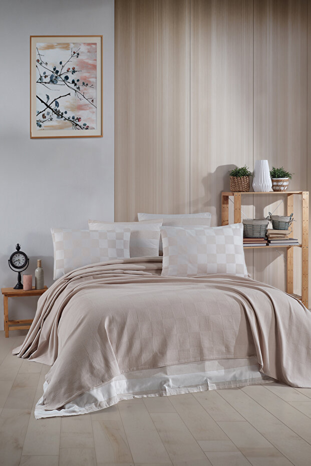 Kare Örgü Pike Takımı Çift Kişilik Bej - 2