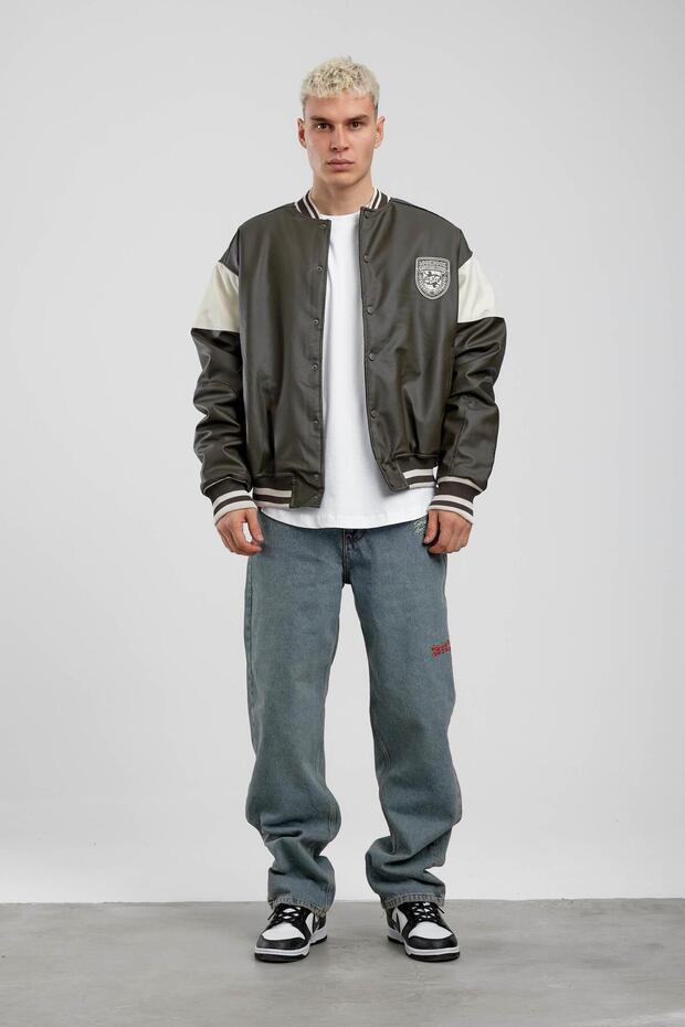 Jachetă bomber din piele artificială brodata kaki - 3