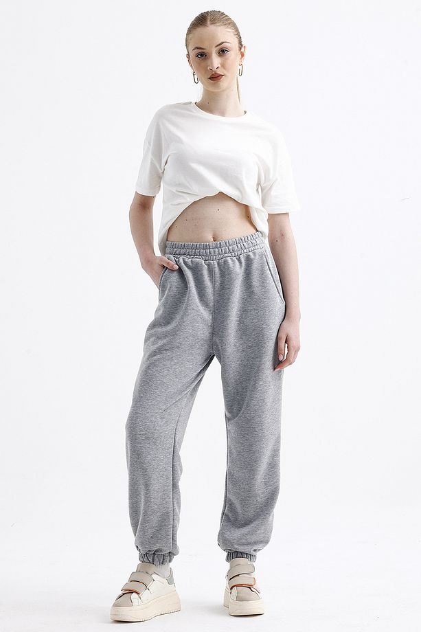 Kadın Gri Jogger Eşofman Altı - Oversize (CEPLİ, YÜKSEK BEL) - 5