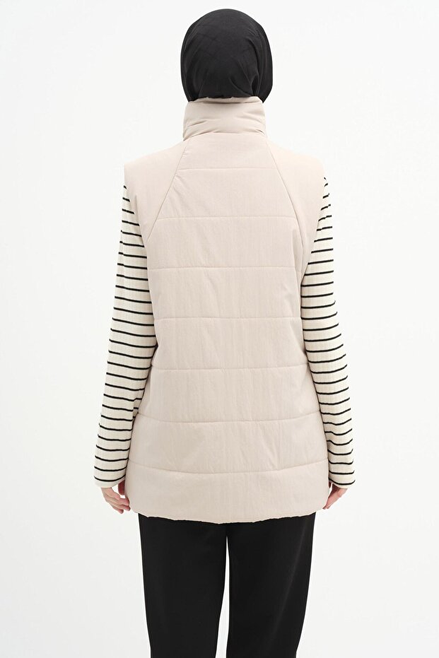 Örgü Model Kapitone Yelek - Bej - 6