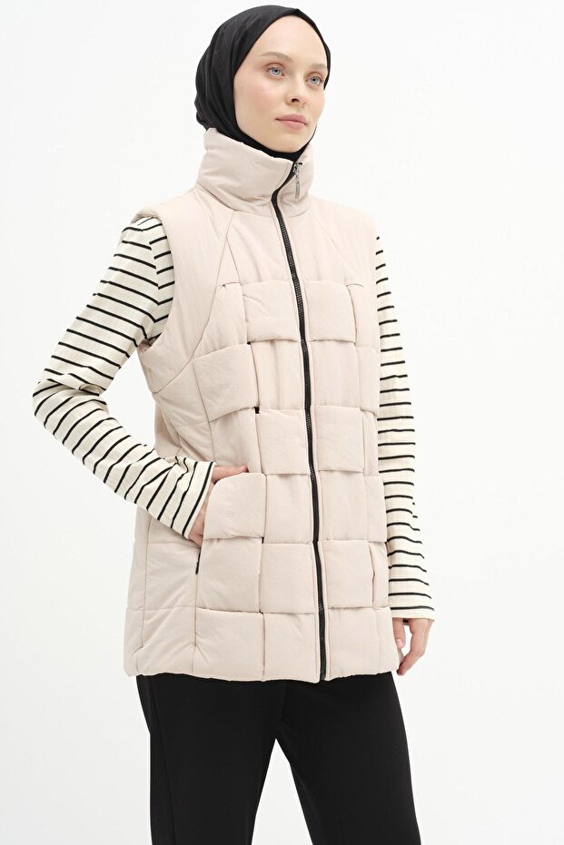 Örgü Model Kapitone Yelek - Bej - 1