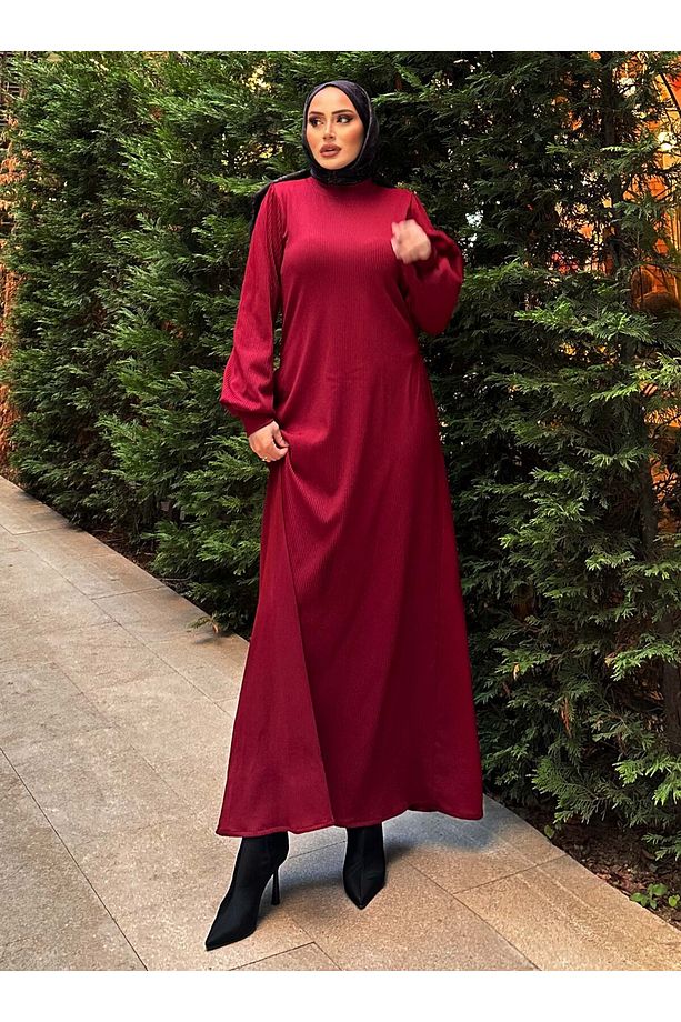 Kendinden Pliseli Elbise - Bordo - SAHRA BUTİK - 2
