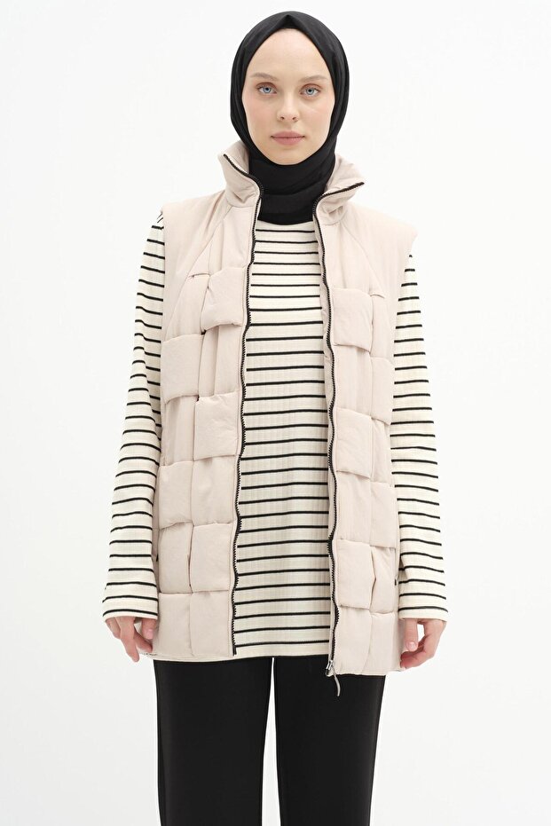 Örgü Model Kapitone Yelek - Bej - 4