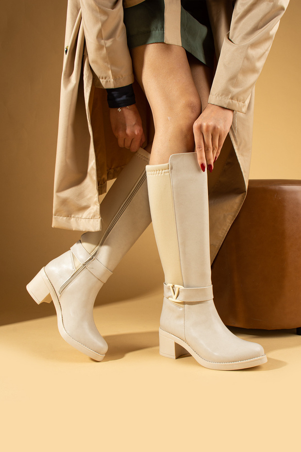 Női bézs, elegáns stílusú napi kényelmes szabású felsőrész, minden combig nyúló csizma - 3