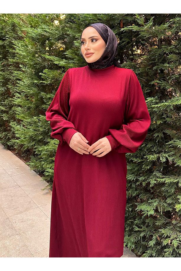 Kendinden Pliseli Elbise - Bordo - SAHRA BUTİK - 6