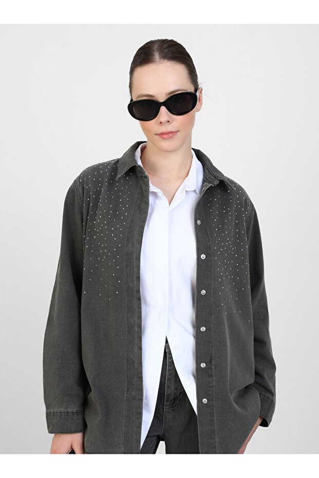 تونيك من الدنيم باللون الرمادي - بتفاصيل حجرية - ريفكا - 4