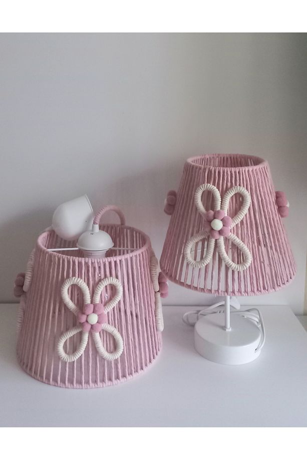 PEMBE MAKROME İP SARGI ÇİÇEK APLİKELİ KIZ BEBEK VE KIZ ÇOÇUK ODASI TASARIM AVİZE VE ABAJUR SET - 1