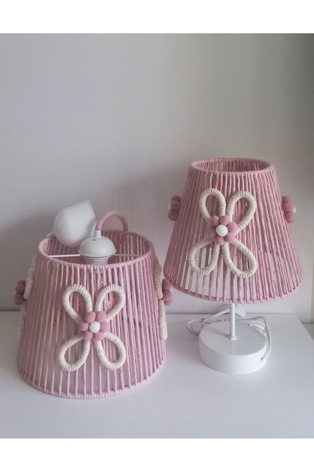 PEMBE MAKROME İP SARGI ÇİÇEK APLİKELİ KIZ BEBEK VE KIZ ÇOÇUK ODASI TASARIM AVİZE VE ABAJUR SET - 3