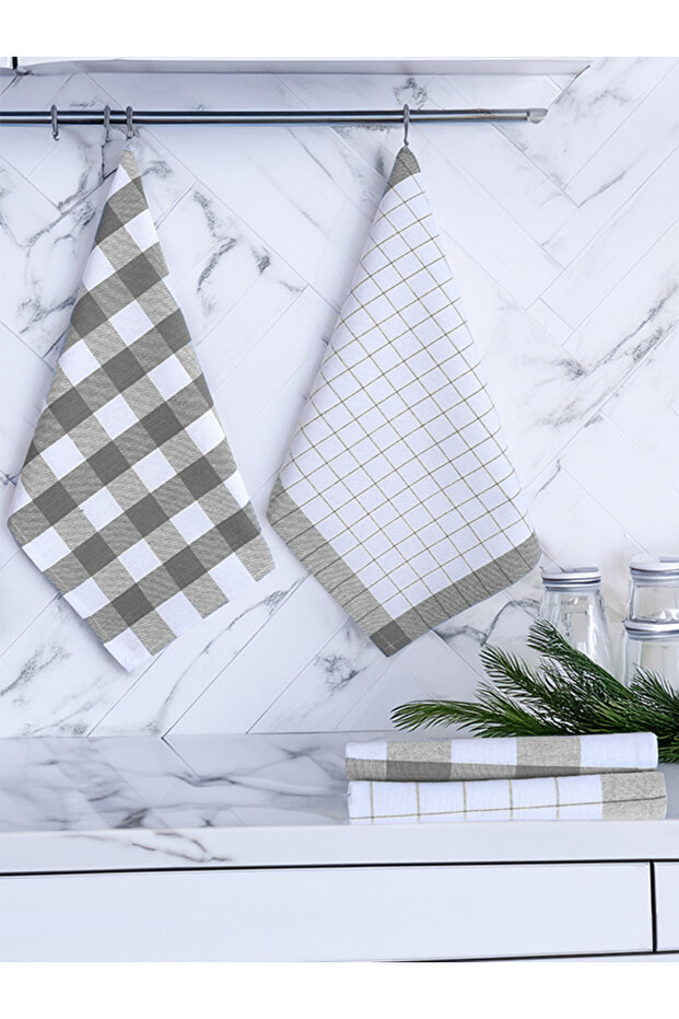 Serina 4-Piece Checkered Set, Kitchen Drying Cloth, Nutrition Cover, American Service, Gray Set 45X70Cm