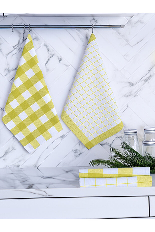Serina 4-Piece Checkered Set, Kitchen Drying Cloth, Nutrition Cover, American Service, Yellow Set 45X70Cm