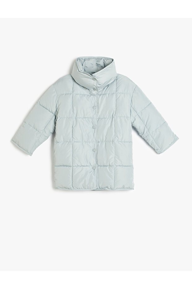 Oversize Puffer Coat with Snap Fastener Stand Collar Detailed Quilted