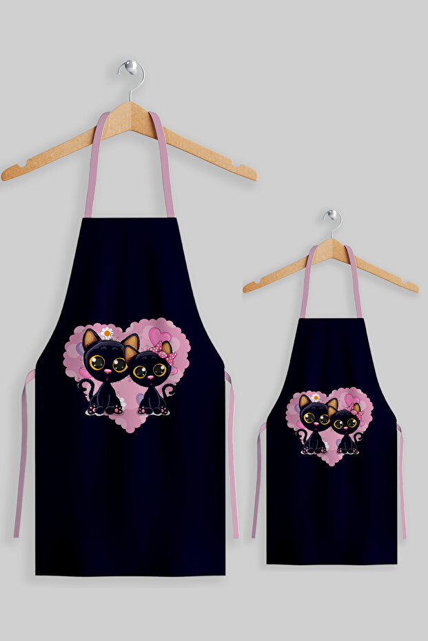 Ays Home, Pink Black Navy Blue Mother Kids Double Kitchen Apron Set