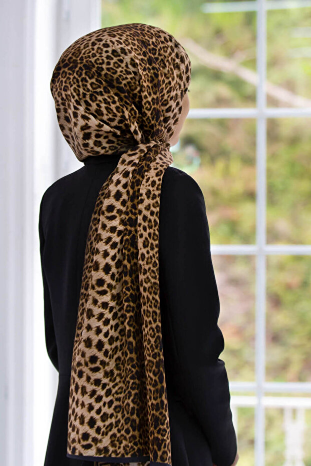 Luxury Medina Baroque Leopard Patterned Mustard - Black Color 75X195 Wrinkle Free Shawl Moss Crepe Stitch