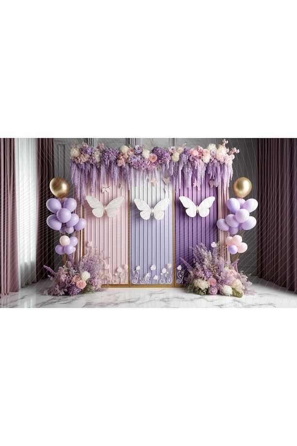 Pastel Kelebek Ve Çiçeklerle Süslenmiş Arka Plan, 200x150cm Fon Duvar Örtüsü Stüdyo Fonu - 1