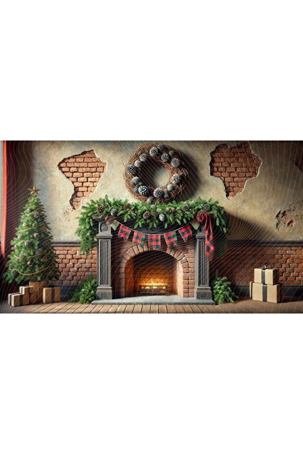 Winter Themed Studio Background with Rustic Fireplace and Christmas Decorations - 200X150Cm