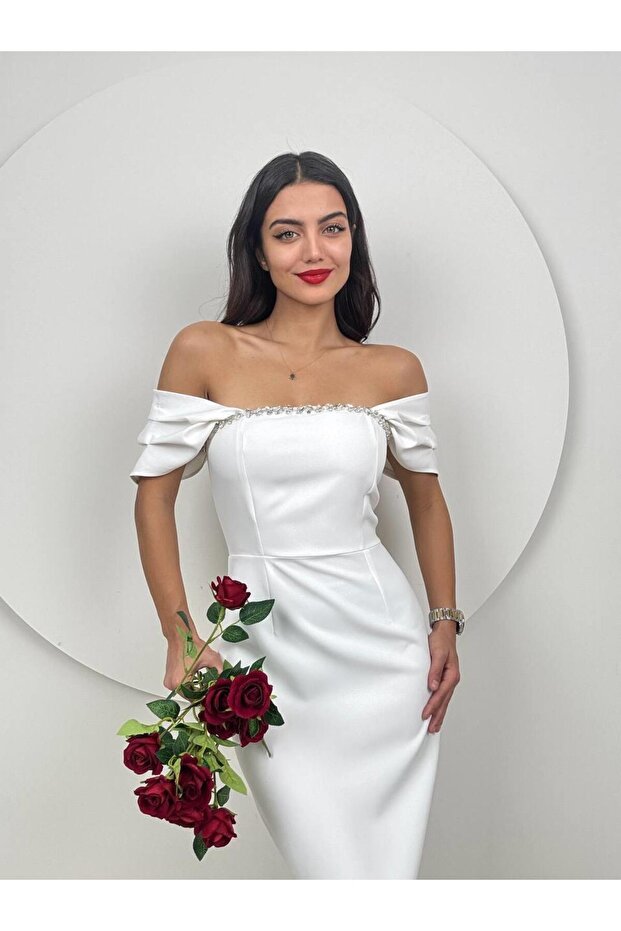 Special Design Stone Detailed Madonna Neck White Invitation Dress