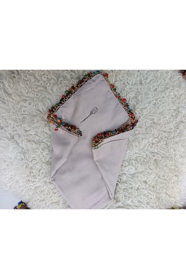 Handmade Crystal Drop Beaded Writing, Cheesecloth Yemeni, Scarf, 4 Edge-Embroidered