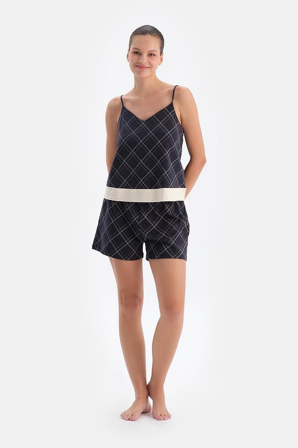 Lacivert Desenli Atlet Şort Pijama Takımı - 1