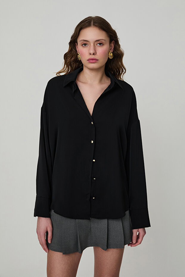 Gold Düğmeli Basic Gömlek Siyah alien moda - 1