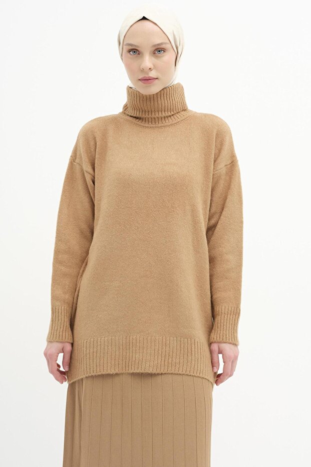Boğazlı Triko Tunik - Camel - 4