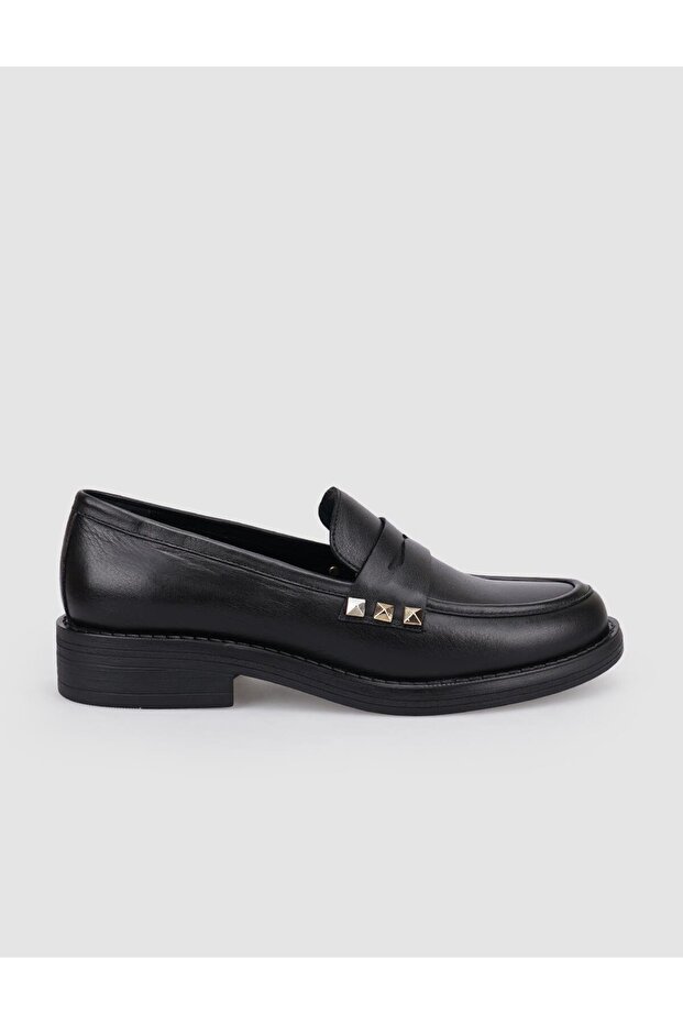 100% Genuine Leather Women's Loafer with Black Staple Detail