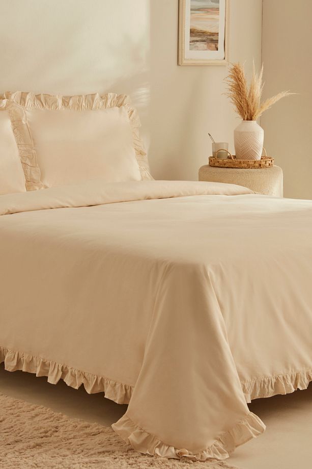 Pure Ruffle %100 Pamuk Çift Kişilik Nevresim Takımı Açık Bej - 2