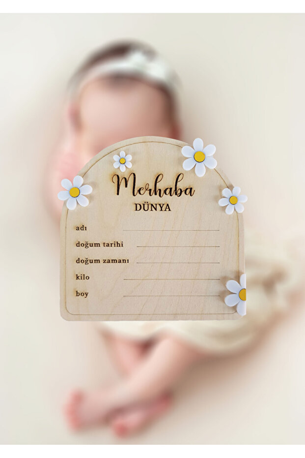 Baby Hello World Newborn Photography Memory Card with Natural Wood and Daisy Pattern