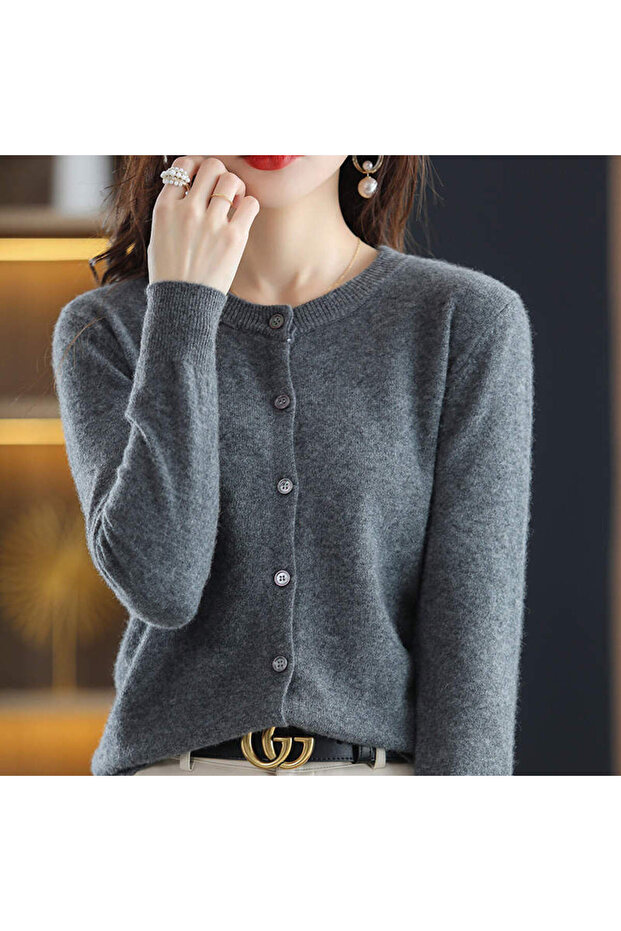 Basic Düğmeli Antrasit Kadın Triko Hırka - 1