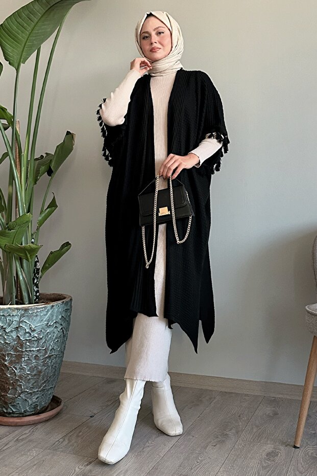 Black Knitwear Poncho with Tassel Detail on the Sleeves