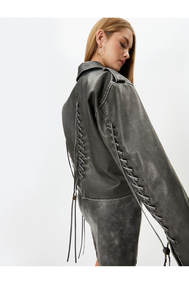 Biker Jacket Distressed Faux Leather Double-Breasted with Tie Detail