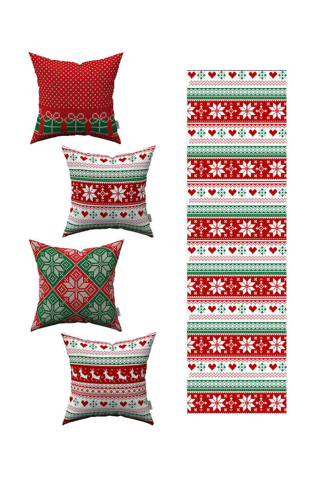 Red New Year's Themed 4-Piece Throw Pillow Cover 1 Runner Set 4kmbs060-rs-03