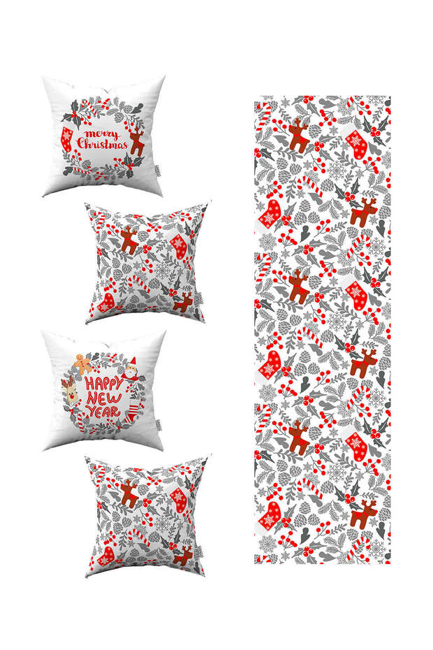 Red Gray Christmas Themed 4-Piece Throw Pillow Cover 1 Runner Set 4kmbs174-rs