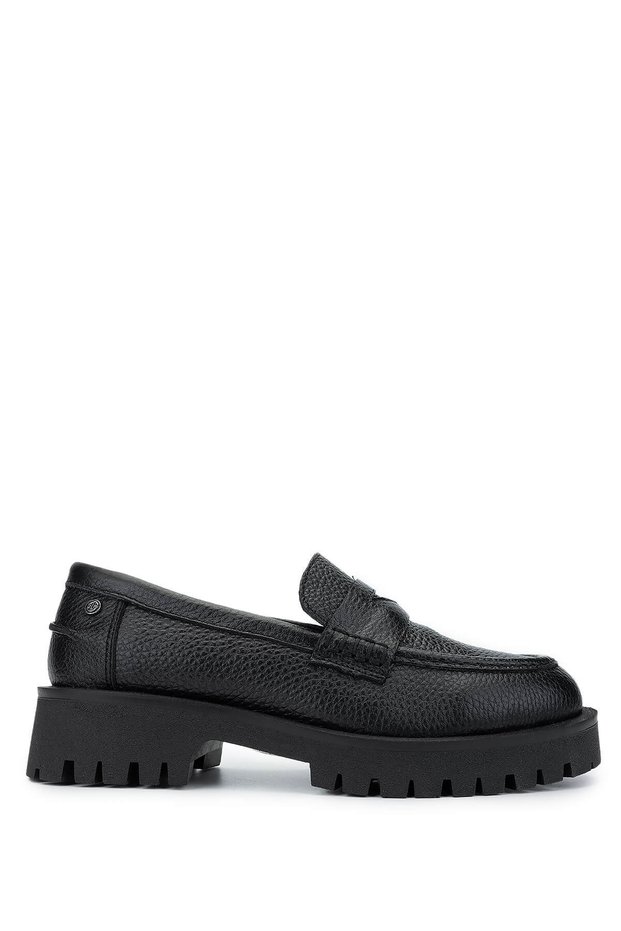 Women's Genuine Leather Black Floater Loafer Shoes