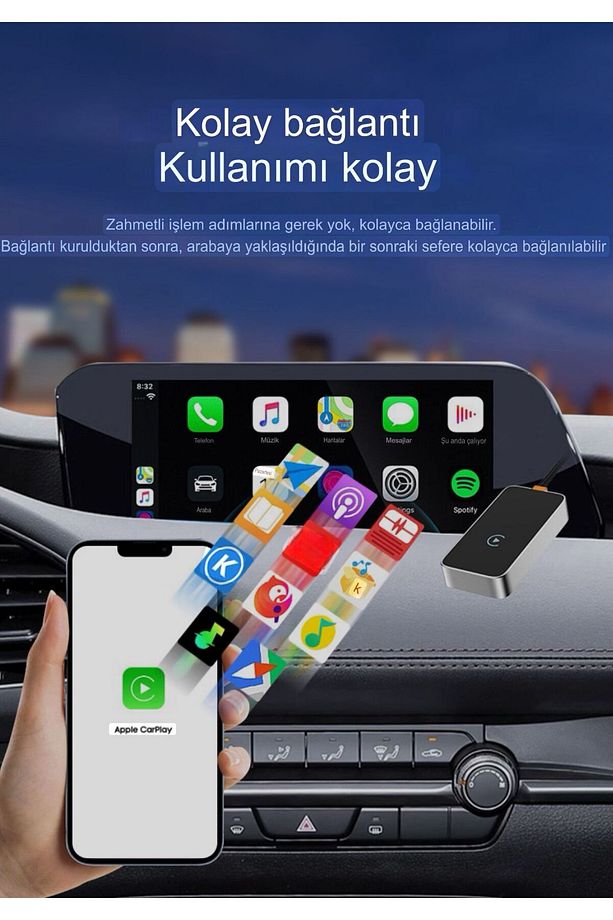 Mini Kablosuz Carplay Bluetooth Usb Type-C Uyumlu Android İOS Araç Multimedya Adaptörü - 6